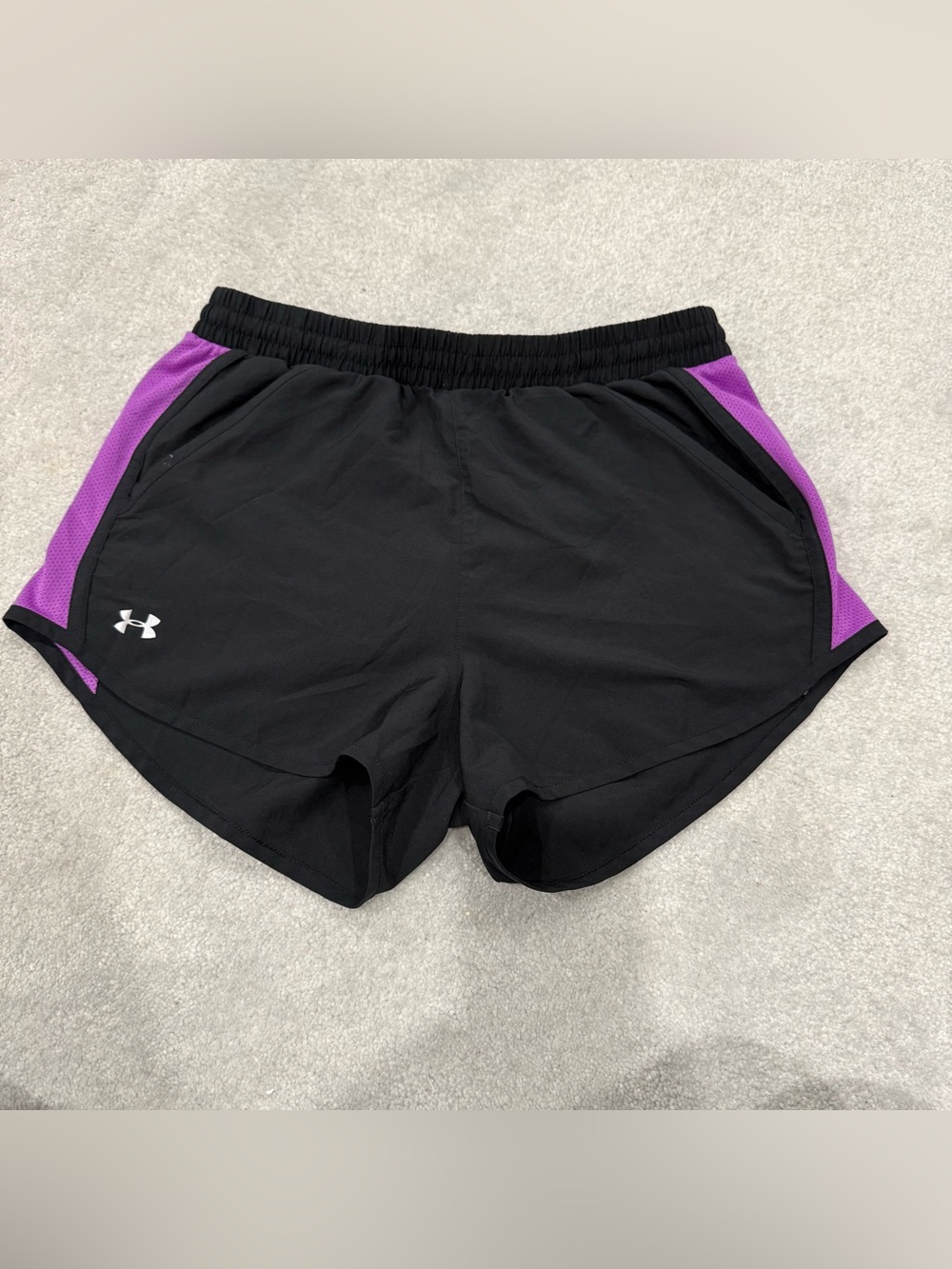 Under Armour Black Athletic Shorts with Purple Side Panels and Pockets